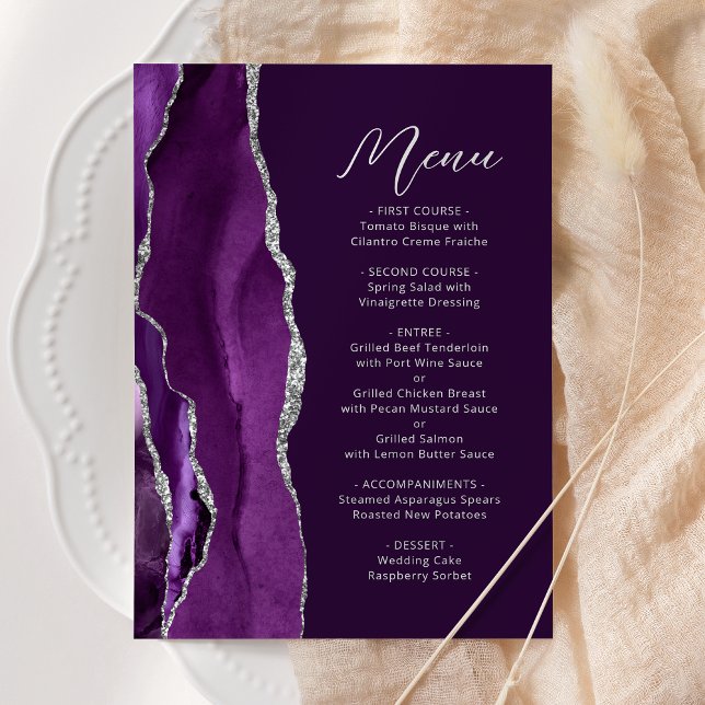 Menu Mariage Moderne Argent Agate Violet Écriture Plum (Créateur téléchargé)