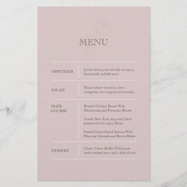 Menu Mariage moderne Dusty Rose (Devant)