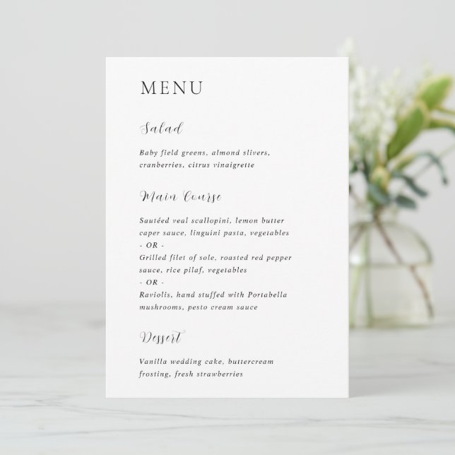 Menu Mariage Moderne Élégant en Noir et Blanc (Debout devant)
