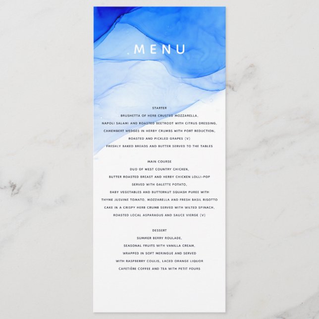 Menu mariage moderne, élégante, bleue et blanche (Devant)