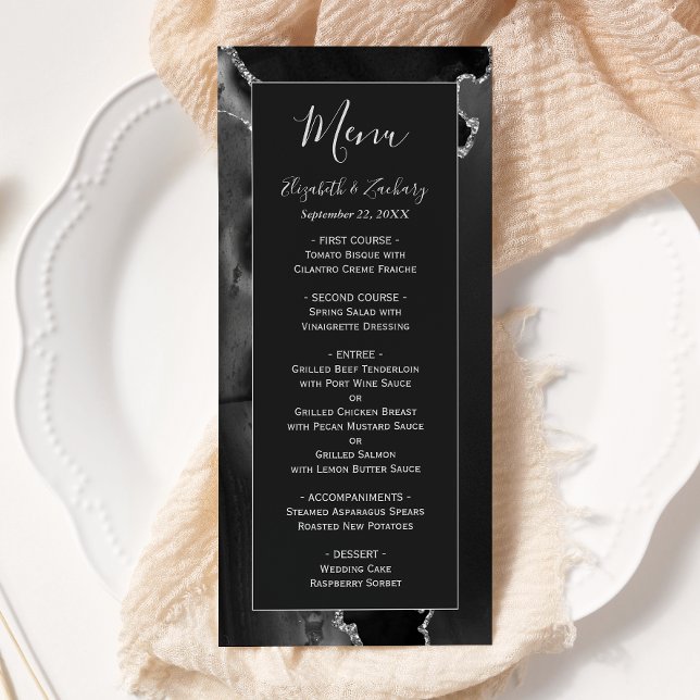 Menu Mariage Moderne en Agate Noir Argent (Créateur téléchargé)