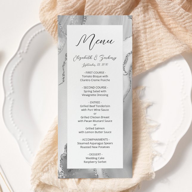 Menu Mariage Moderne Gris Argent Agate (Créateur téléchargé)