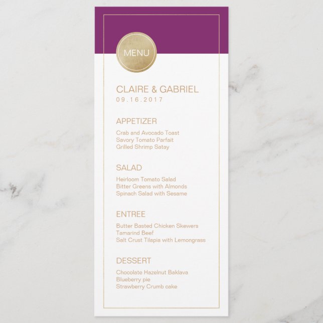 Menu mariage moderne minimaliste violet vinicole (Devant)