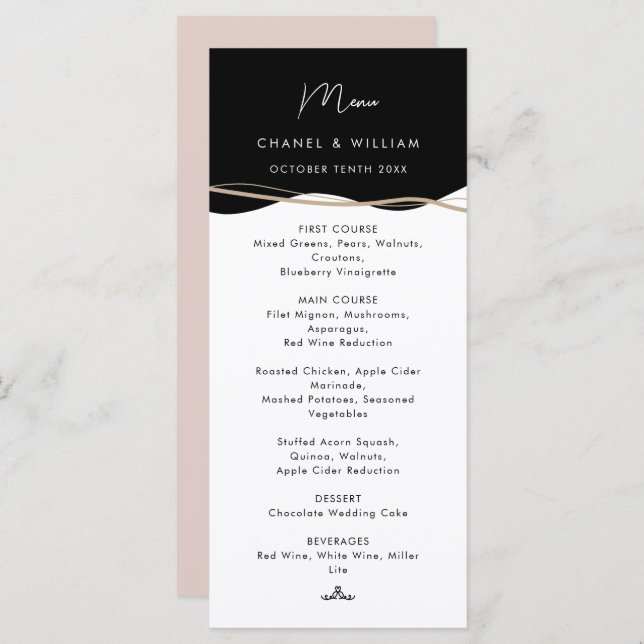 Menu Mariage moderne noir, blanc et rose (Devant / Derrière)