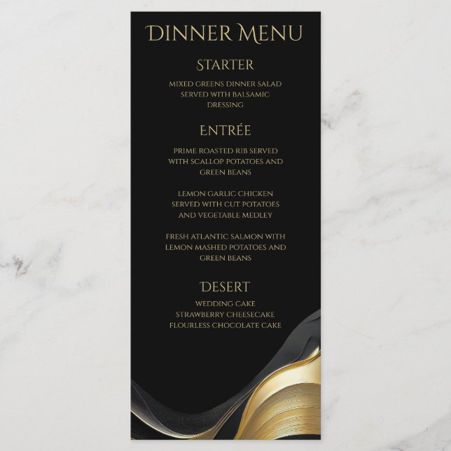 Menu Mariage moderne noir et or Dîner & Bar (Devant)