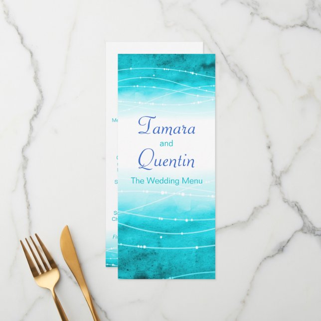 Menu mariage moderne peint en bleu marine (Devant/Arrière en situation)