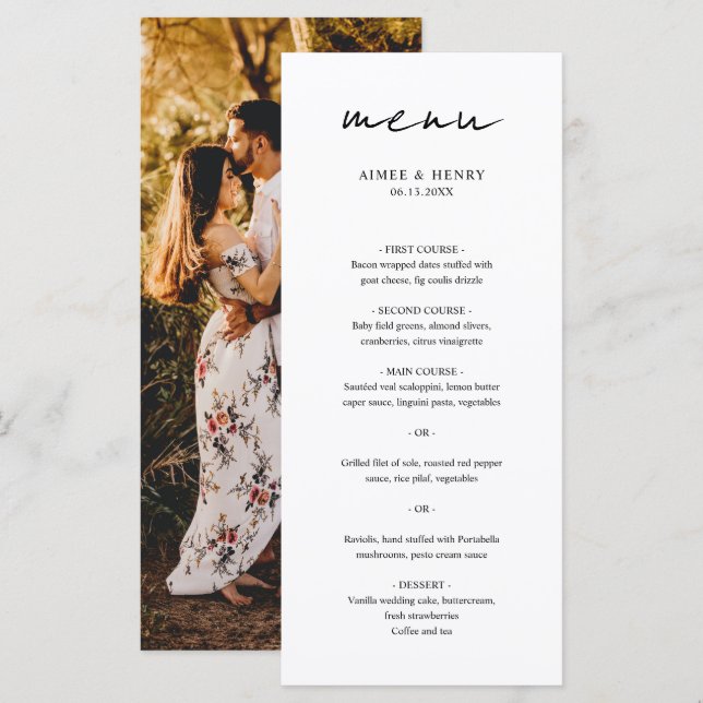 Menu Mariage Moderne Photo Écriture Rustique (Devant / Derrière)