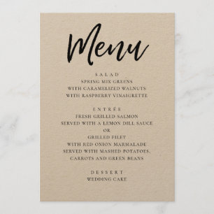 Menu Mariage moderne rustique. Calligraphie du scénario