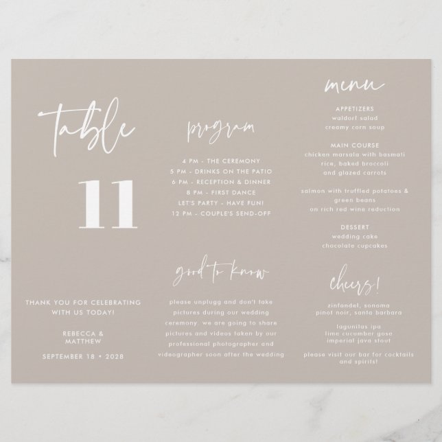 Menu Mariage moderne Tripler le programme (Devant)