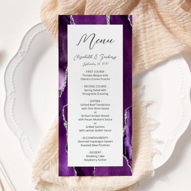 Menu Mariage Moderne Violet Argent Agate (Créateur téléchargé)