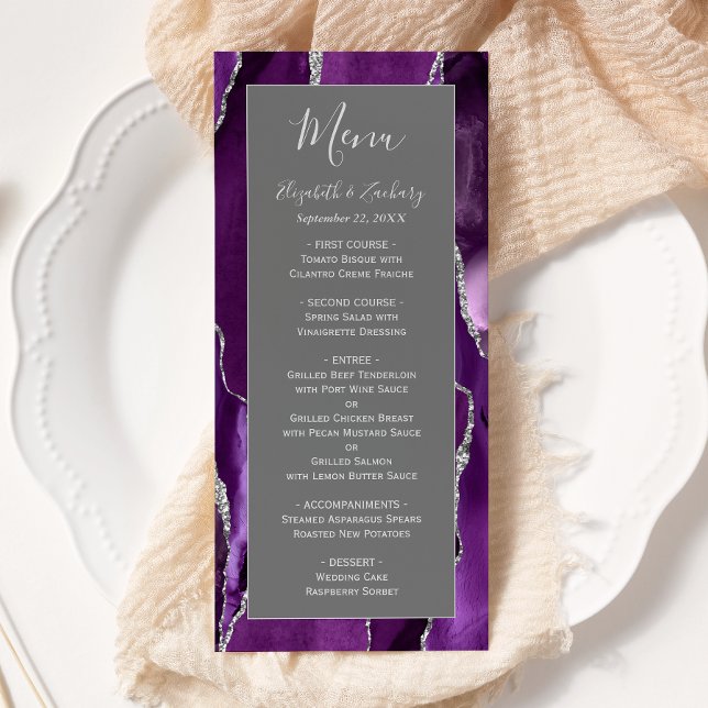 Menu Mariage Moderne Violet Argent Agate Gris (Créateur téléchargé)