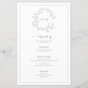 Menu Mariage Monogram Crest Dusty Blue Leafy