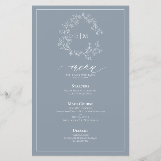 Menu Mariage Monogram Crest Dusty Blue Leafy (Devant)