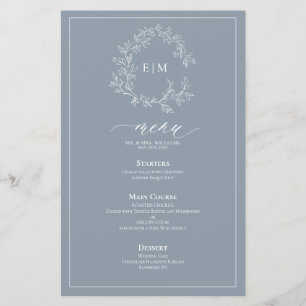Menu Mariage Monogram Crest Dusty Blue Leafy
