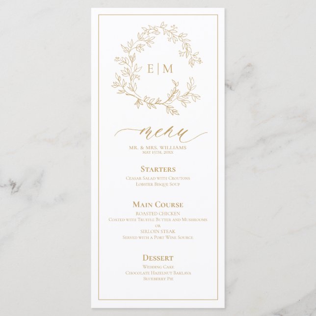 Menu Mariage Monogram Gold Leafy Crest (Devant)