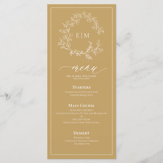 Menu Mariage Monogram Gold Leafy Crest (Devant)