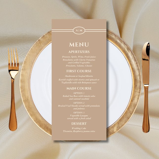 Menu Mariage Monogram Modern Cream Taupe (Créateur téléchargé)