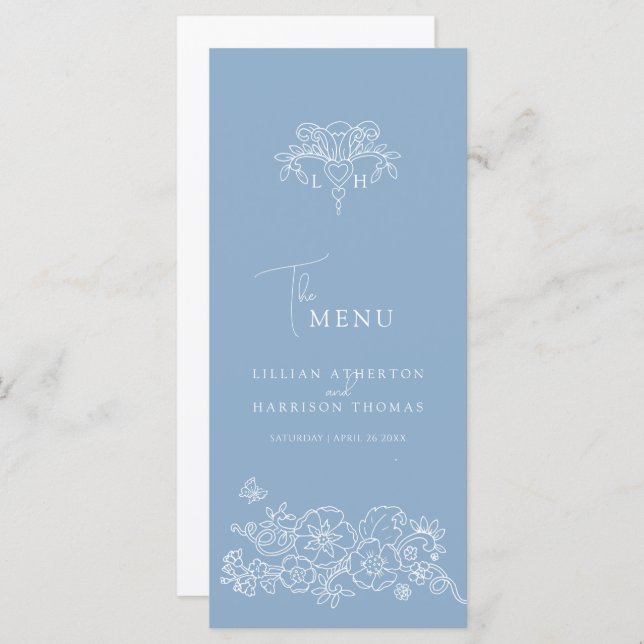 Menu Mariage monogramme blanc bleu fleur de lis (Devant / Derrière)