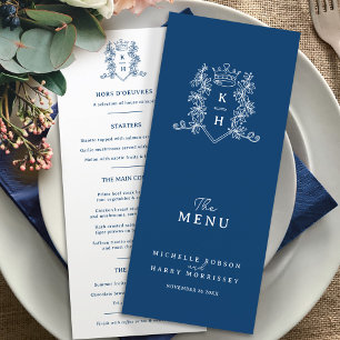 Menu Mariage monogramme blanc et bleu foncé