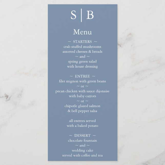 Menu Mariage monogramme bleu Dusty classique (Devant)