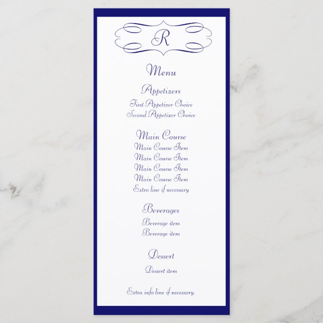 Menu Mariage Monogramme bleu foncé (Devant)