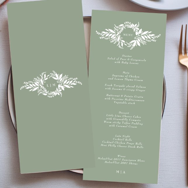 Menu mariage monogramme classique vert sauge feuillus (Créateur téléchargé)