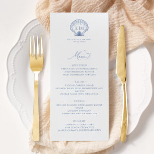 Menu Mariage Monogramme Coquille de Plage Bleu Côtiers