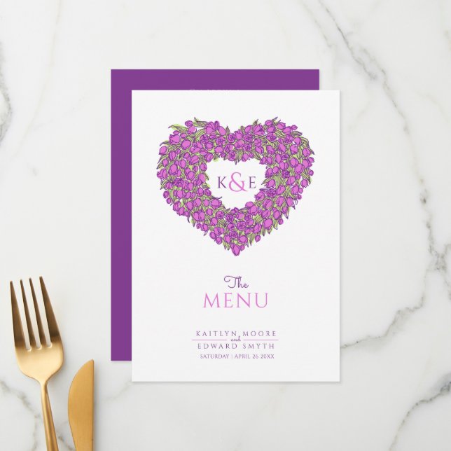 Menu mariage monogramme de couronne de coeur de tu (Devant/Arrière en situation)