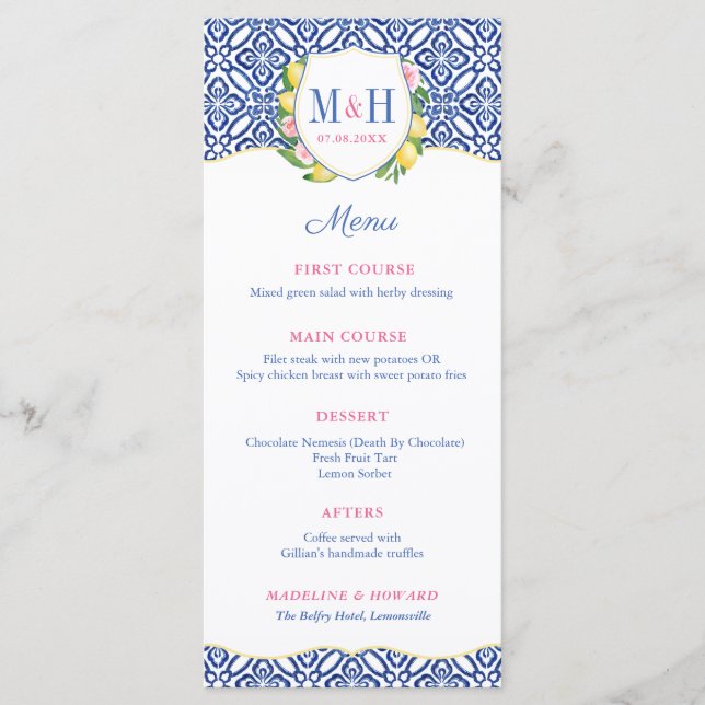 Menu Mariage Monogramme en carreaux bleus citron italie (Devant)