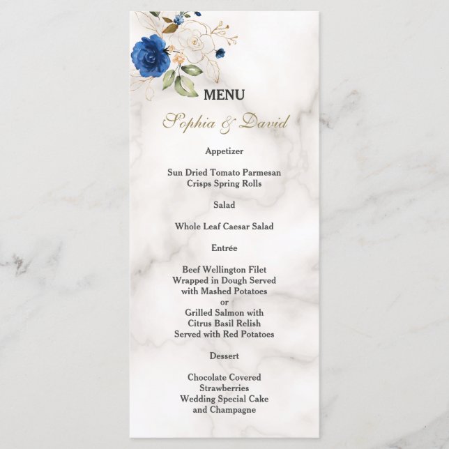 Menu Mariage Monogramme Fleurs Bleues Fantaisie Or (Devant)