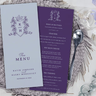 Menu Mariage monogramme gris argenté foncé pourpre