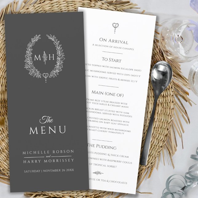 Menu Mariage monogramme gris blanc (Créateur téléchargé)