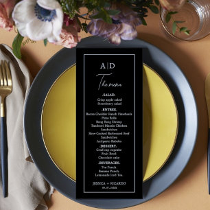 Menu Mariage monogramme minimaliste noir et blanc