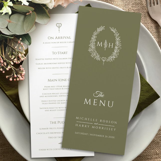 Menu Mariage monogramme ovale de la feuille blanche ver (Créateur téléchargé)