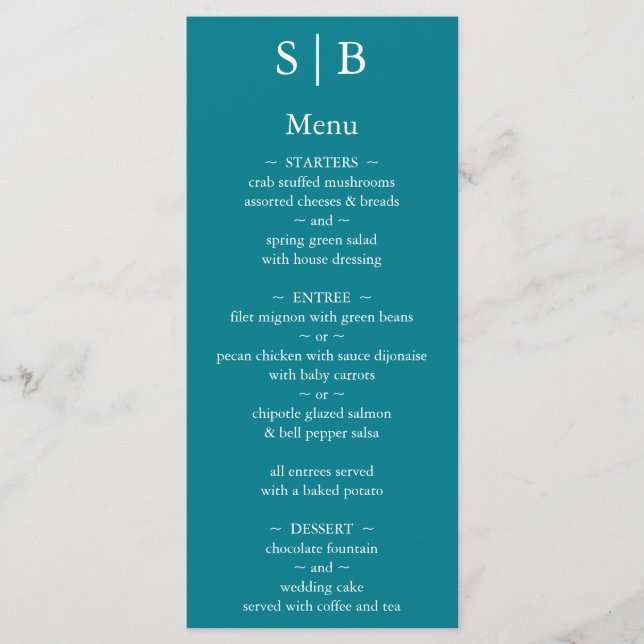 Menu Mariage Monogramme Turquoise classique (Devant)