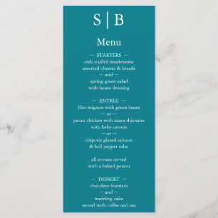Menu Mariage Monogramme Turquoise classique
