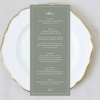 Menu Mariage Monogramme Vert Sauge Cadre Premium