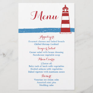 Menu Mariage Nautical Red Lighthouse Blue Stripes