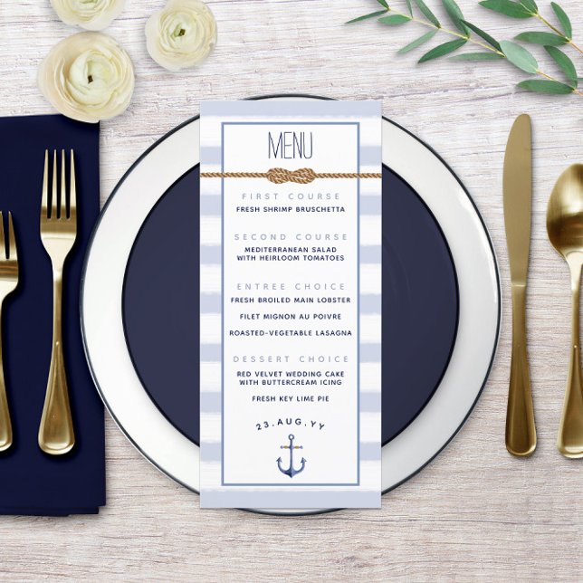 Menu Mariage Nautique à Rayures Bleues et Blanches ♾ Nœ (♾ Infinity Knot Nautical Wedding Menu ⚓ with Light Blue and White Watercolor Stripes)