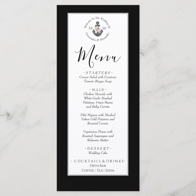 Menu Mariage nautique Ancre florale noir et blanc (Devant)