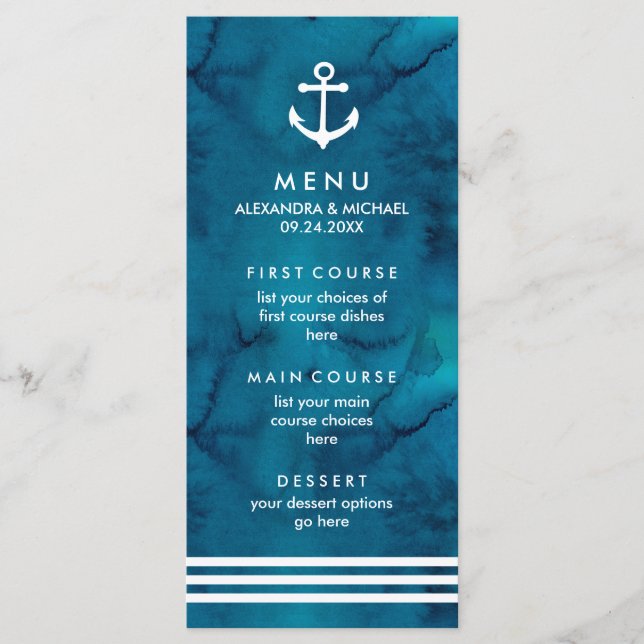Menu Mariage nautique bleu aquarelle (Devant)