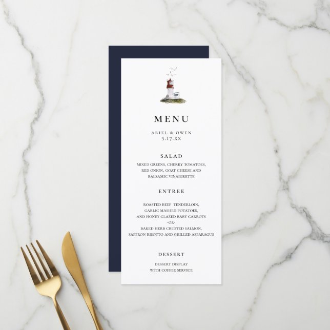 Menu Mariage nautique du phare d'aquarelle (Devant/Arrière en situation)