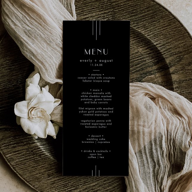 Menu Mariage Noir Art Déco moderne / CHAQUE Suite (Modern Art Deco Black Wedding Menu / EVERLY Suite)