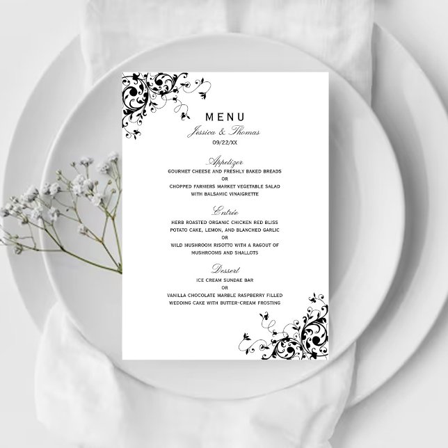 Menu Mariage noir & blanc Élégant (Créateur téléchargé)