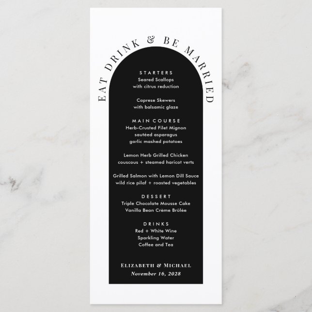 Menu Mariage noir blanc minimaliste en arc moderne (Devant)