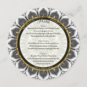 Menu Mariage noir blanc or tournesol Mandala Round