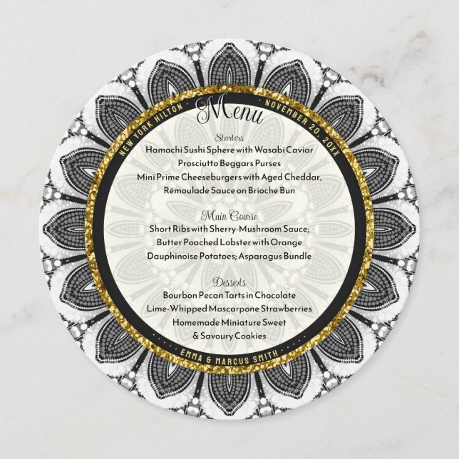 Menu Mariage noir blanc or tournesol Mandala Round (Devant)