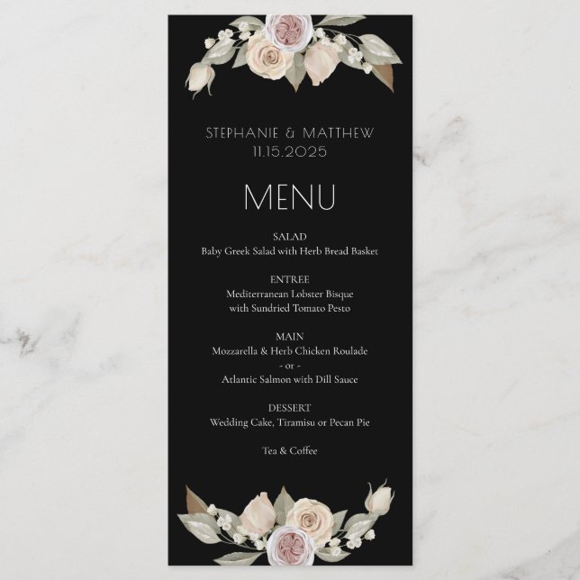 Menu Mariage noir botanique de couleur rose pâle (Devant)