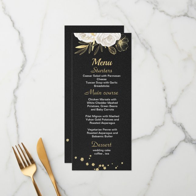 Menu mariage noir floral or blanc (Devant/Arrière en situation)