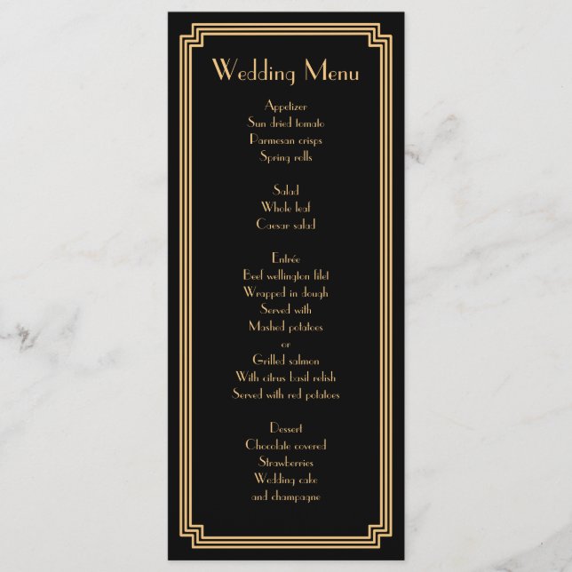 Menu Mariage noir Gatsby Art Déco personnalisé (Devant)